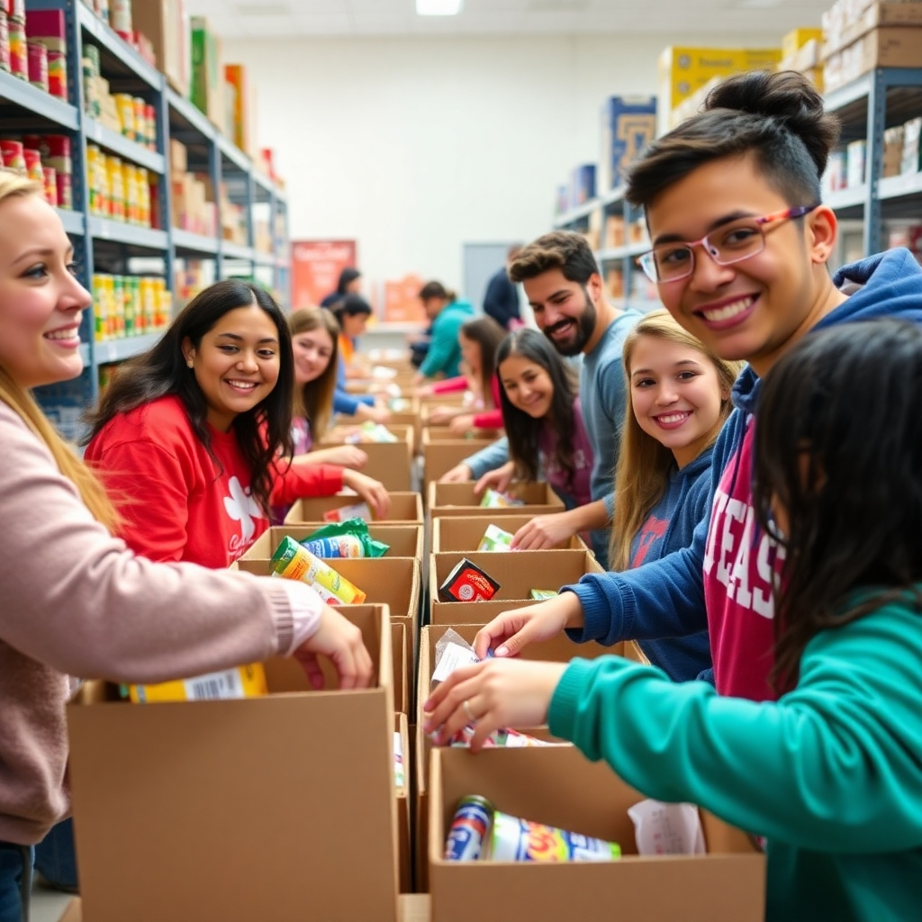  A heartwarming image of SHRW Club members volunteering at a local food bank, packing boxes with food items. The lighting is bright and hopeful, showcasing the members' smiles as they work together. The color palette includes vibrant colors representing hope and cooperation. The environment features shelves of food and volunteers in action, conveying a strong sense of community spirit. This image should evoke emotional connections and the impact of collective effort.