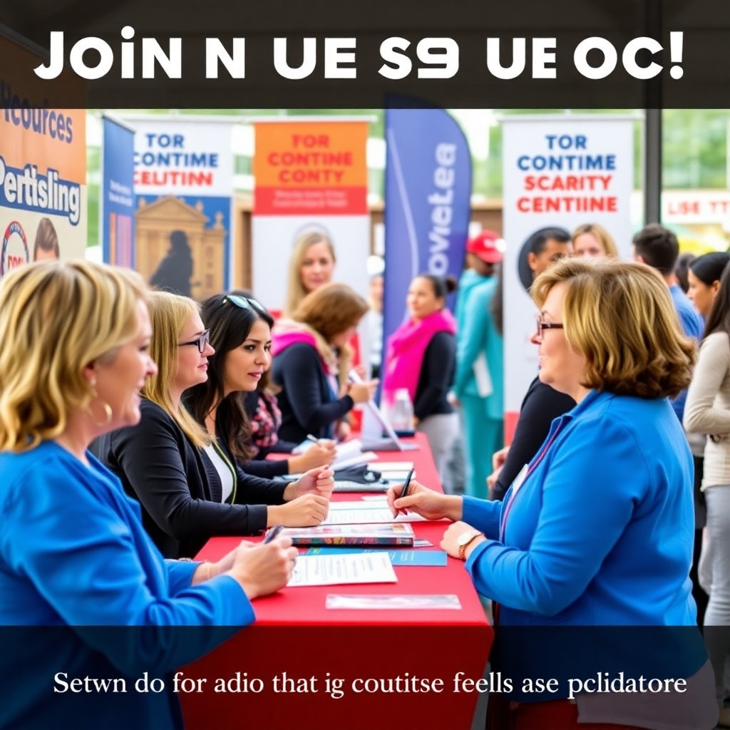 A motivating image of women signing up to join political initiatives at a booth during a community fair. The composition highlights enthusiastic conversations and expressions of commitment and determination. The setting features banners and informational materials about political involvement. Bright, inviting colors radiate positivity and informality, making participation feel achievable and important.