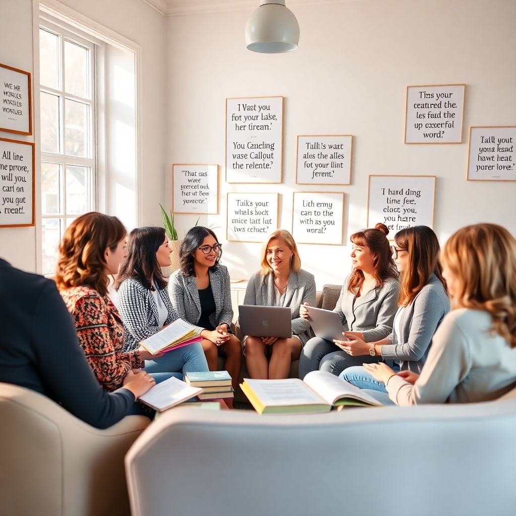  A photorealistic image depicting a mentorship session where experienced women are guiding younger members in a bright, cozy room filled with inspirational quotes. The scene features an attentive group, engaged in discussion. Natural lighting from the windows creates a warm ambiance. The color palette includes soft pastels that evoke a sense of calm and inspiration. Relevant props include books, laptops, and engaging presentation materials, demonstrating a commitment to knowledge and growth.
