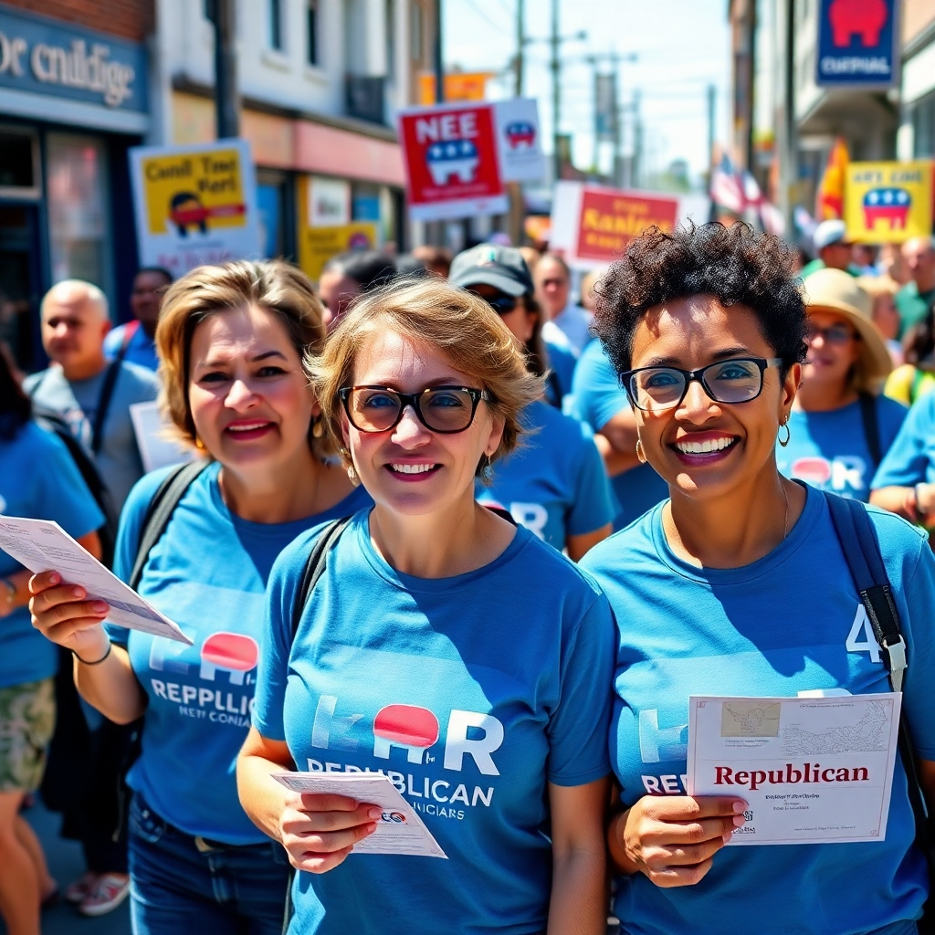 A powerful image of a group of women actively campaigning for a Republican candidate in a busy neighborhood, wearing campaign t-shirts and holding flyers. The environment is lively and dynamic, with colorful banners and enthusiastic community members in the background. Natural light brightens the scene, highlighting the determination on their faces. The composition should capture the energy and excitement of grassroots activism.