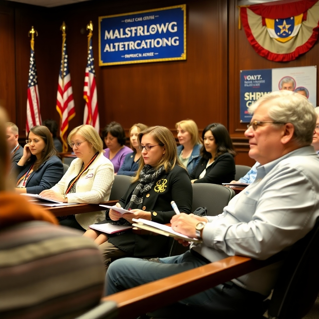 A striking image of SHRW Club members attending a local governmental meeting, engaged and taking notes as they participate actively in the discussion. The setting features a formal conference room with American flags and political banners for inspiration. The lighting is soft, ensuring the focus is on the members' intent expressions. The color palette includes dark wood and muted tones, evoking professionalism and seriousness in advocacy.