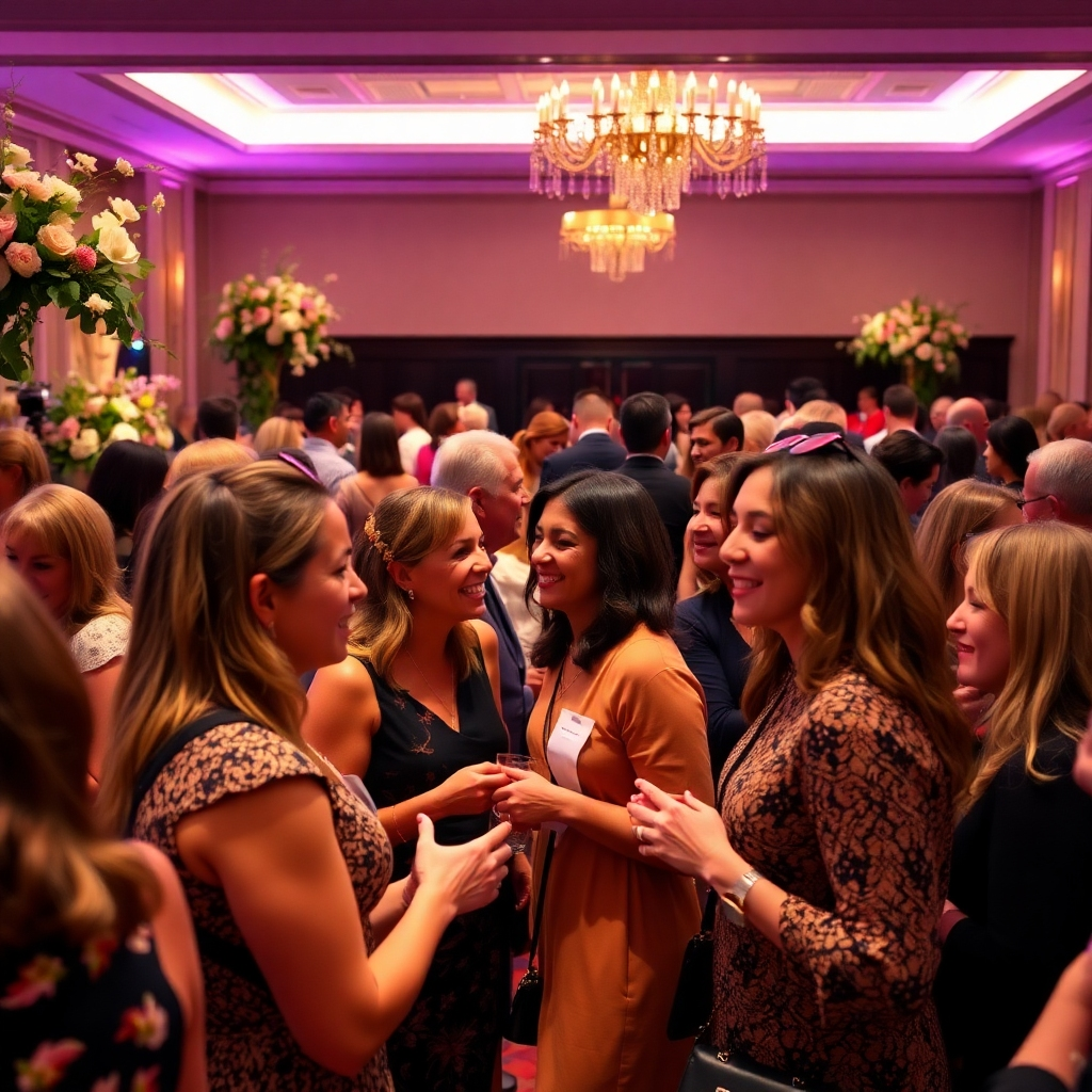An elegant networking event showcasing women mingling and exchanging ideas in a sophisticated setting decorated with floral arrangements and soft lighting. The atmosphere feels dynamic and friendly, capturing rich conversations among attendees. The color palette is warm, with gold and earth tones creating an inviting vibe. The focus is on the smiling faces and engaged discussions, conveying the essence of collaboration and community.