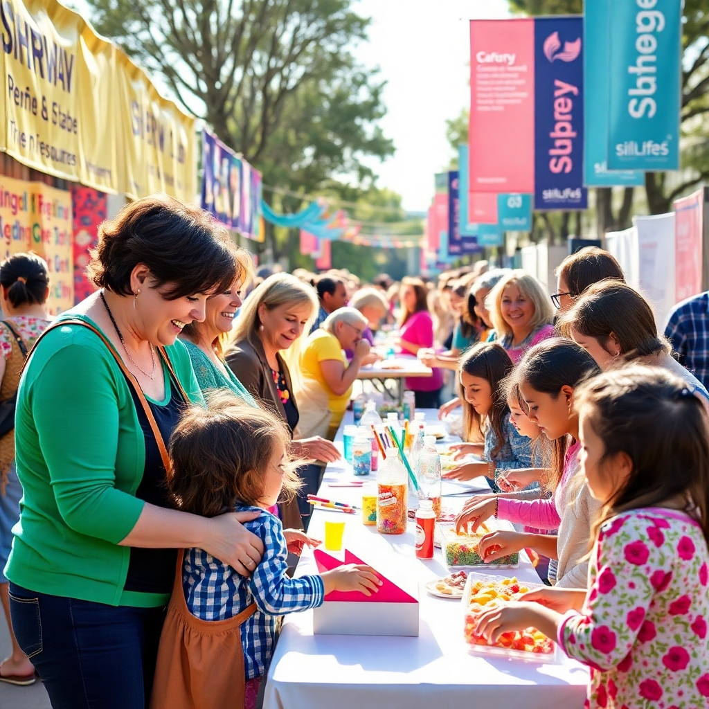 An engaging scene that captures a lively community event organized by the SHRW Club, highlighting women of all ages participating in various activities. The setting is outdoors with colorful banners and booths featuring different local resources. The lighting is bright and welcoming, showcasing families enjoying the day together. The composition focuses on camaraderie and interaction, radiating a sense of community and togetherness.