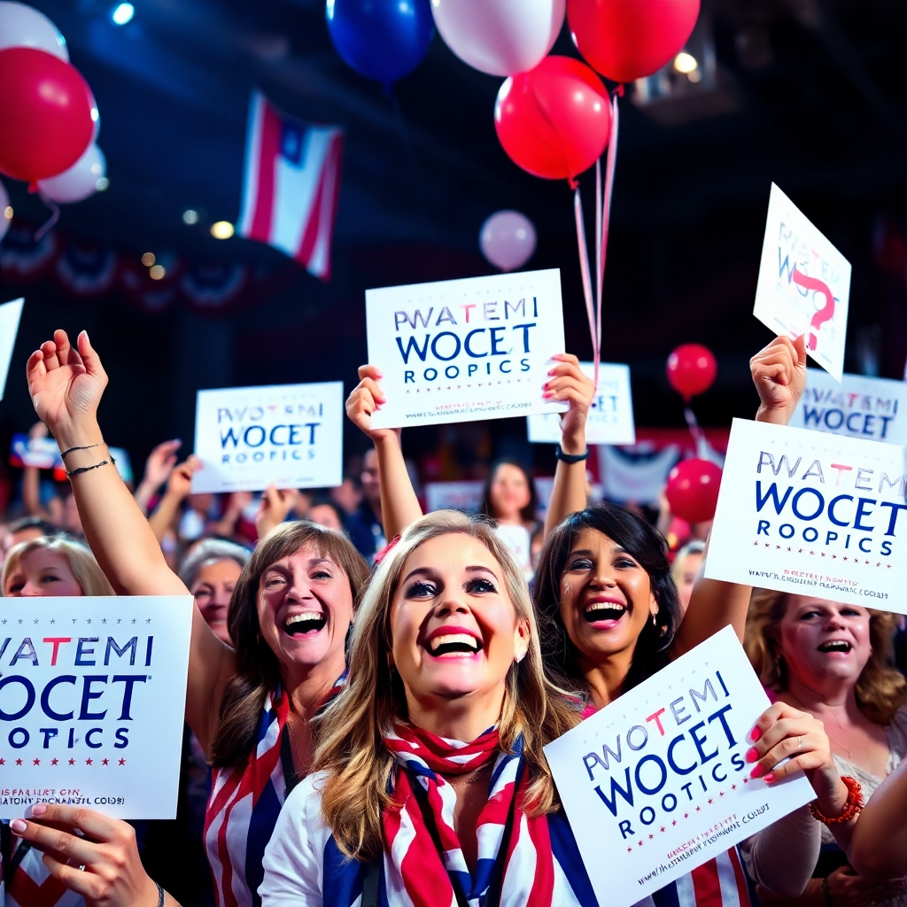  An exciting, high-energy scene of women gathered at a political rally, holding up signs and cheering with enthusiasm. The vibrant atmosphere is filled with flags and balloons showing Republican colors. The lighting is bright and festive, highlighting expressions of joy and determination. The camera captures the crowd from the front, focusing on their engaged faces, with a colorful background of political banners. The scene is designed to be striking and emotionally resonant.